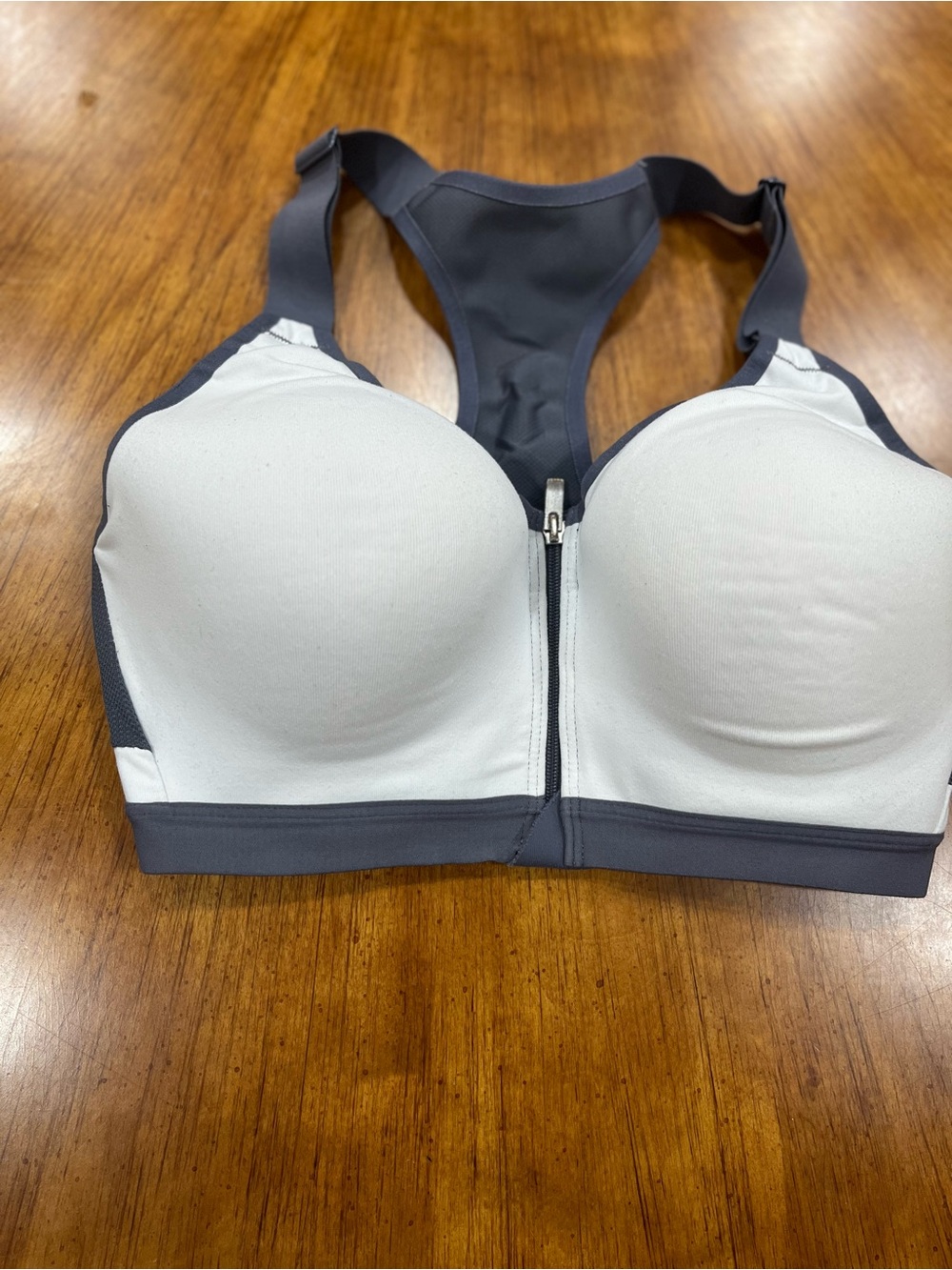 Victoria's Secret White and Charcoal Front-Zip Racerback Sports Bra